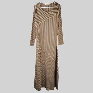 Soft Surrounding Maxi Dress M Ribbed Tan Black Stripe Long Sleeve Stretchy Knit